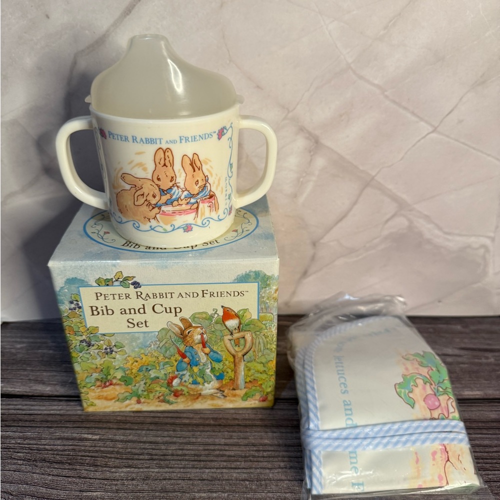 Vintage New 1993 Peter Rabbit and Friends Bib and Cup Set Eden